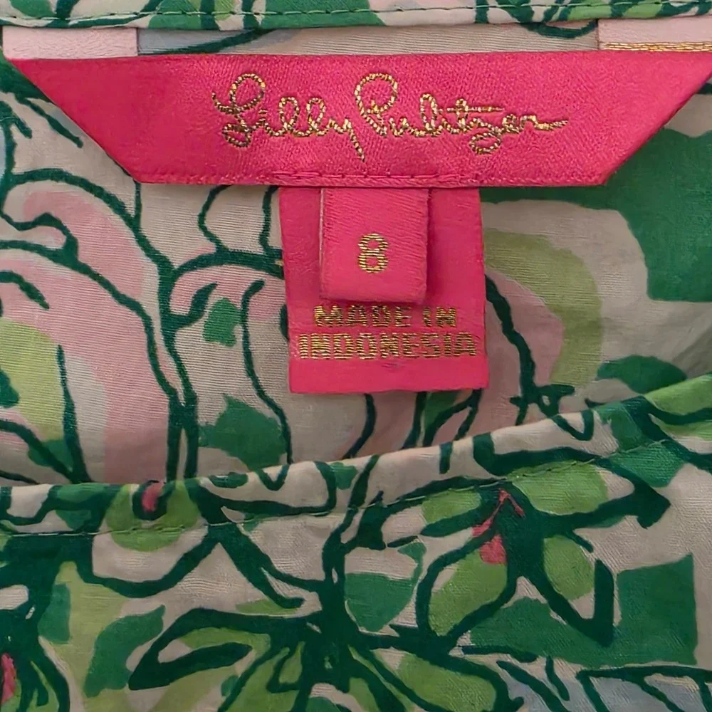 Lilly Pulitzer Womens Green Pink‎ Floral Puff Sleeve Cotton Blouse Size 8
